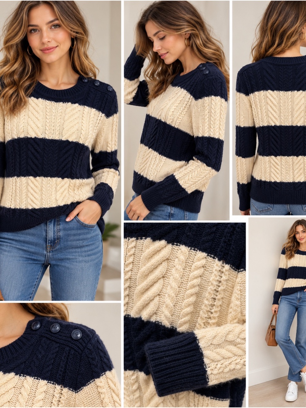 J.Crew Womens S 100% Wool Cable Knit Sweater Navy Ivory Striped Shoulder Button